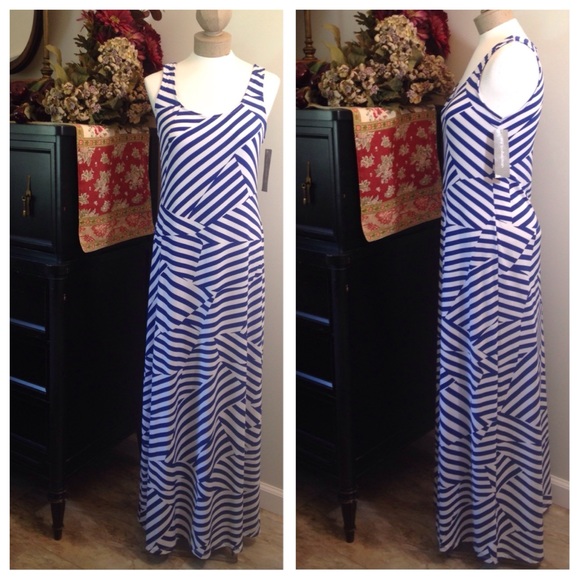 NY Collection Dresses & Skirts - NY Collection Dress Stretch Sleeveles Fitted Maxi Geometric Blue White Stripe Sm